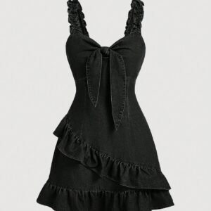 SHEIN MOD Vestido de mezclilla sin mangas con cordón y volantes casual de verano para mujer