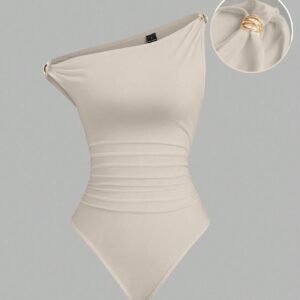 Sweetra Women's Solid Color Casual Asymmetric Shoulder Metal Decor Ruched Bodysuit, Suitable For Spring And Autumn
