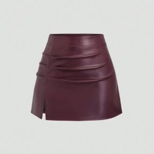 Sweetra Elegant Retro High Waist Pleated Brazilian PU Leather Side Slit Flared A-Line Mini Skirt For Women Y2K
