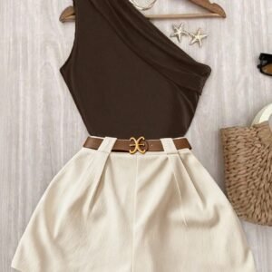 EMERY ROSE Casual Chic Commuting High Elasticity Solid Brown Pleated Shoulder Top And White Elastic Waist Pants Set