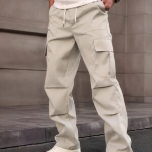 Manfinity Homme Men's Solid Color Drawstring Waist Cargo Pocket Pants, Fall