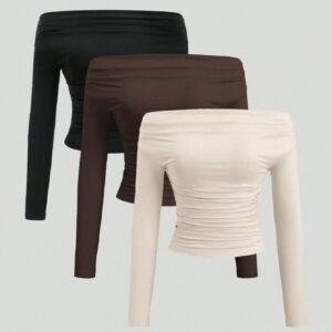 Sweetra Set de 3 piezas Blusa corta de manga larga y hombros descubiertos para mujer, cómoda y amigable con la piel, ajuste ceñido