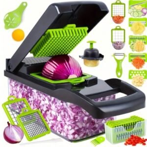 HOMEFINESSE Picadora de verduras multifuncional 16 en 1 con 8 cuchillas Cortador portátil de acero inoxidable para ensalada Ajo y más Utensilios de cocina Utensilios de cocina para cortar Utensilios verdes Herramienta para cortar sandía Trituradora de pollo Rebanadora Accesorios de cocina