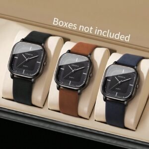 Set de 3 piezas: Reloj de cuarzo de esfera cuadrada minimalista para hombre y accesorios de cinturón, sin caja de reloj