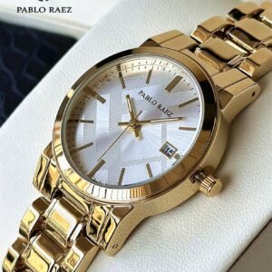 Pablo Raez 1 pieza Reloj de mujer de 18K oro, reloj de vestir de lujo, caja de acero inoxidable IPG, diseño elegante y nuevo, reloj de cuarzo con esfera blanca, calendario, resistente al agua 50M, pulsera de acero SUS304, hebillas de joyería, adecuado para uso diario/trabajo/fiestas, bonito regalo para amigos o familia