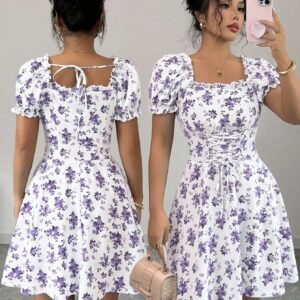 Rafferiza Vestido midi de mujer con cuello cuadrado, mangas abullonadas, cordón en la cintura y volantes en el bajo, estampado de pequeñas flores