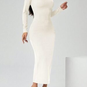 SHEIN PETITE Vestido negro de manga larga, cuello cuadrado y ajustado, para usar en otoño